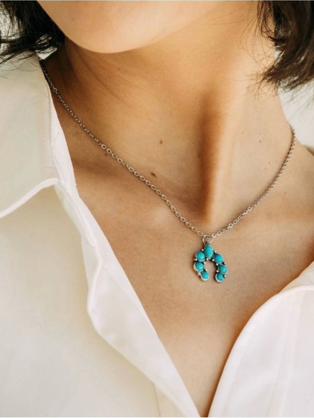 Turquoise Horseshoe Pendant Necklace Stainless Steel - New